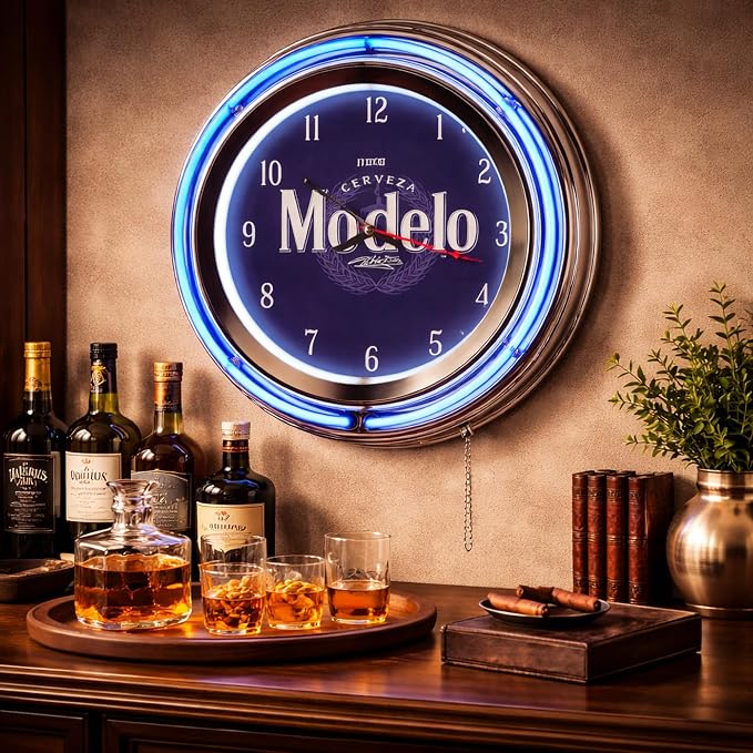 American Art Decor Retro Neon Wall Clock - Round Battery Operated Vintage Analog Clock W/Pull Chain - for Bar, Man Cave, Garage, Arcade, Game Room & More (Modelo, 14.5” x 14.5” x 3.25”)