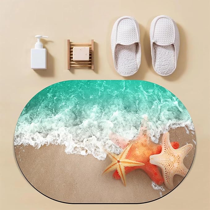 Summer Beach Oval Bath Mat Starfish and Seashell Diatomaceous Mud Mats with Rubber Backing Ultra Soft Washable 23.6"×15.7" Quick Dry Thin Bath Rugs for Bathroom Floor Bathtub Vanity Easy Care