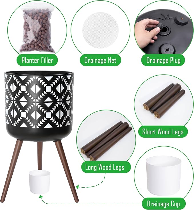 D'vine Dev 16 Inch Planter Pot with Stand, Mid-Century Tall Plant Pot with Legs for Indoor Plants, White/Black, 88-G-E-4