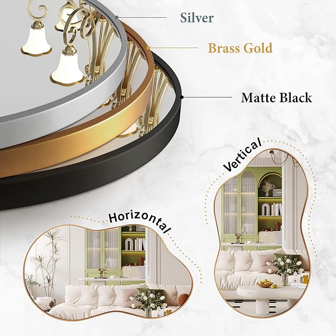 Bathroom Mirror - Gold Irregular Wall Mirrors Decorative 26"x46" Asymmetrical Tempered Glass Aviation Aluminum Alloy Frame for Vanity, Bedroom, Living Room, Cloakroom, Entryway