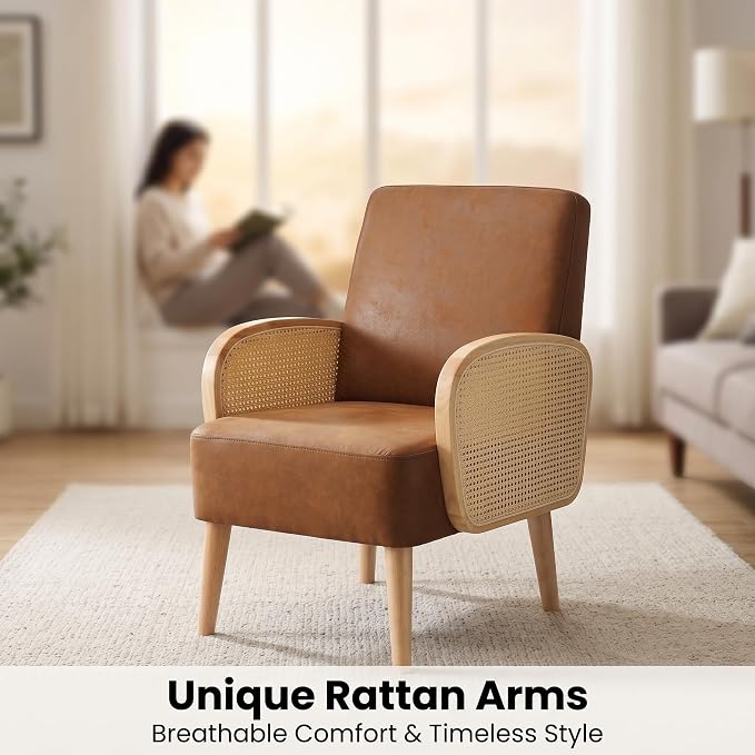 Faux Leather Upholstered Armchair with Solid Wooden Legs