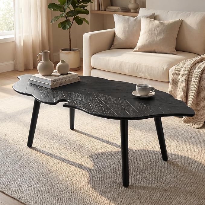 DUOMAY Mid-Century Modern Small Coffee Table, Solid Leaf-Shaped Wood Coffee Table for Living Room, Easy Assembly Center Table End Table with Wood Leg, Side Table for Bedroom Small Space, Black
