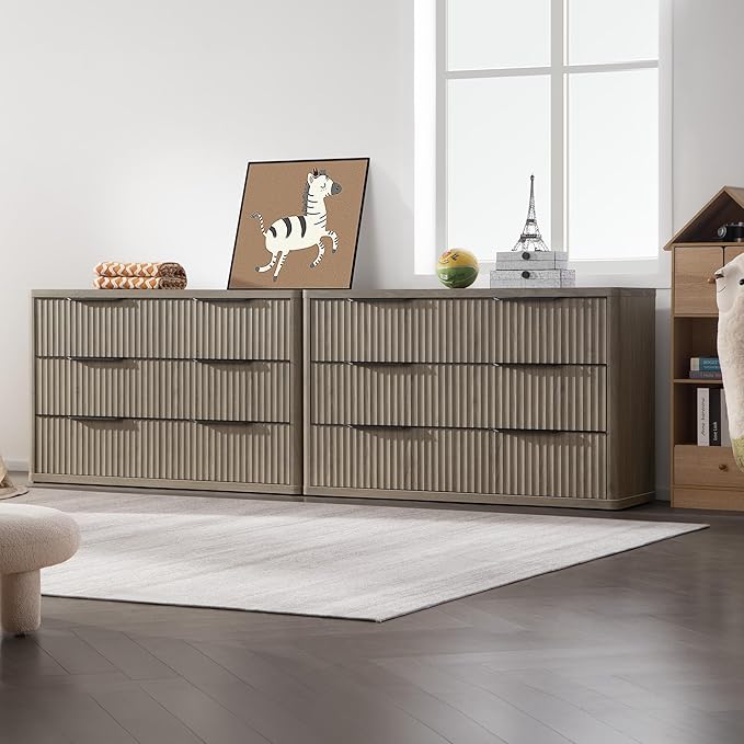 SICOTAS Dresser for Bedroom 53.5" Wide 6 Drawer Dressers & Chests of Drawers for Closet Long Large Modern TV Stand Set for Clothes Storage Fluted Clothes Closet for Hallway Entryway, Grey Alder