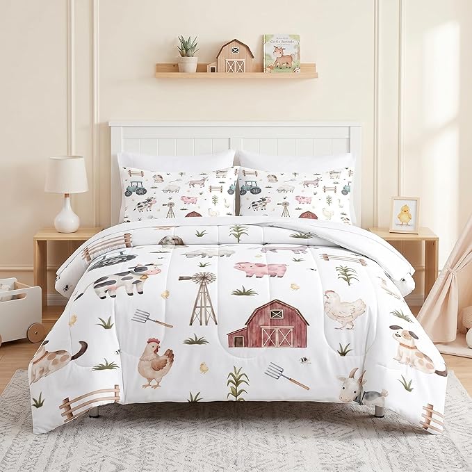 Pamnest Comforter Set Full Size, Farm Animal 7 Pcs Bedding for Kids and Adults, Cute Tractor Bed Sheet Sets with Fitted Sheet 2 Pillowcases & 2 Shams for Bedroom Bed Decor