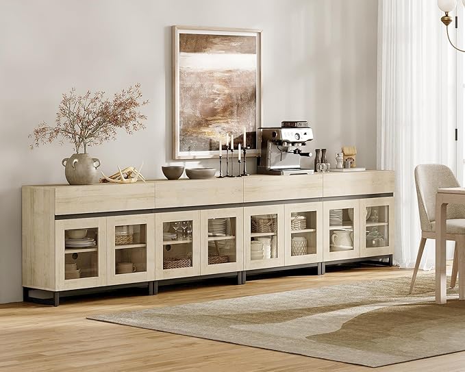 WAMPAT 4 in 1 Sideboard Buffet Cabinets with 8 Glass Doors, Modern Sideboard Credenza, Coffee Bar Storage Cabinet for Living Room, Kitchen, Light Oak