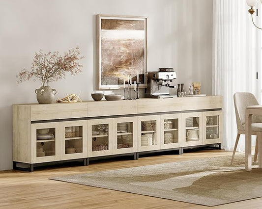 WAMPAT 4 in 1 Sideboard Buffet Cabinets with 8 Glass Doors, Modern Sideboard Credenza, Coffee Bar Storage Cabinet for Living Room, Kitchen, Light Oak