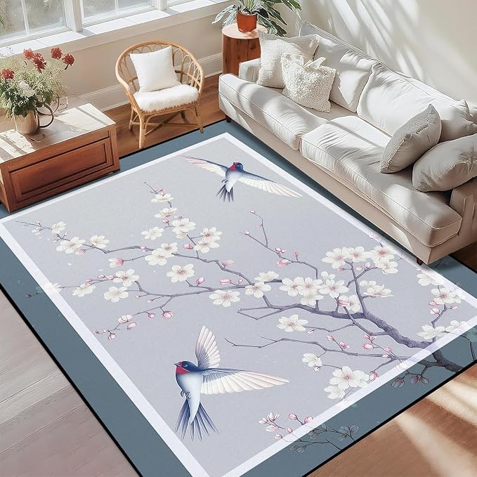 Cherry Blossom Area Rug 3D Swallow Sakura Floral Rugs for Entryway Bedroom Living Room Kitchen Home Decor Soft Non Slip Indoor Carpet Washable Low Pile Floor Mat,2'x3'