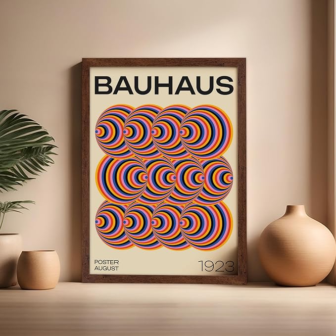 Poster Master Bauhaus Poster - Abstract Spiral Print - Geometric ART - Rainbow ART - Psychedelic Style - Chic Boho - Mid Century Modern - Living Room or Bedroom Decor - 16x20 Brown Framed
