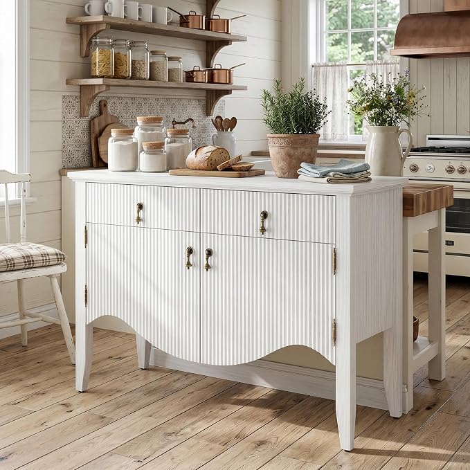 FUSUNBAO 40" Retro Buffet Cabinet with Storage, Fluted Sideboard Credenza with Drawer, Accent Bar Cabinet for Living Room Furniture, Coffee Bar or Entryway, Dining Room, White