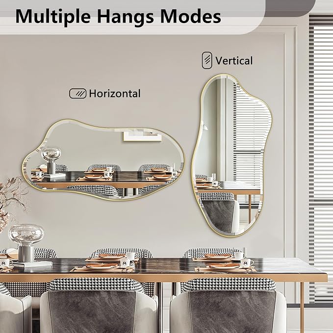 POZINO Irregular Beveled Mirror, 40"x20" Asymmetrical Vanity Wall Mirror with Gold Metal Frame, Organic Shape Mirrors for Entryway Bathroom Living Room Bedroom Hallway, Horizontal/Vertical Hanging
