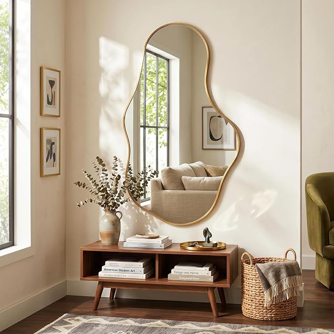 Irregular Wall Mirror, 24"x40" Gold Abstract Asymmetrical Mirrors for Wall, Decorative Cloud Aesthetic Mirror for Bathroom, Bedroom, Cloakroom, Entryway, Shatter-Proof Aluminum Alloy Frame