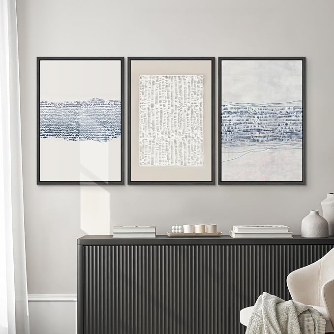 SIGNWIN Framed Canvas Print Wall Art Set Blue White Grunge Geometric Pattern Abstract Shapes Cozy Neutral Modern Art Decorative Contemporary Minimal for Living Room, Bedroom, Office - 24"x36"x3 Black