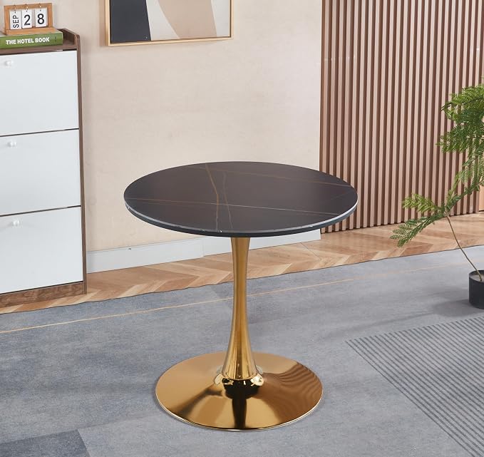 Round Tulip Kitchen Table, Modern Black & Gold Marble Tulip Dining Table with Pedestal Base, Space-Saving Tulip Table for Small Spaces, Office and Cafe