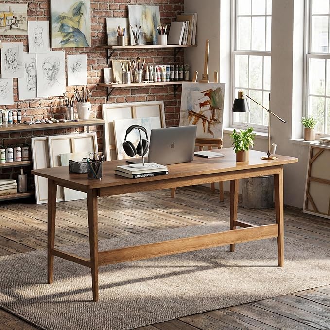 63" Solid Wood Office Desk, Mid-Century Modern Computer Desk with Storage Shelf, Large 2-Person Writing Study Table Workstation for Home Office, Walnut Finish