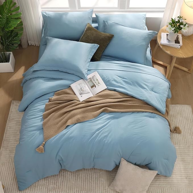 WRENSONGE Queen Comforter Set- 7 Pieces Soft Blue Bed in a Bag Queen with Fitted Sheet, Flat Sheet, 2 Pillow Shams, and 2 Pillowcases- Warm Bedding Sets for All Season