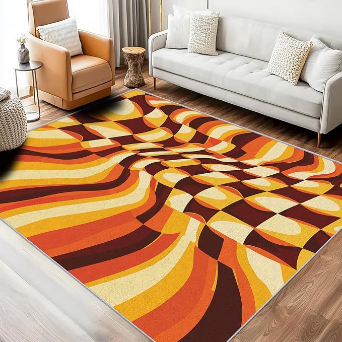 70s Retro Rugs 6x8, Orange Brown Abstract Washable 6 x 8 Area Rug for Living Room, Bedroom, Low Pile Non Slip Stain Resistant Carpet, 70s Orange Home Decor Accessories & M834
