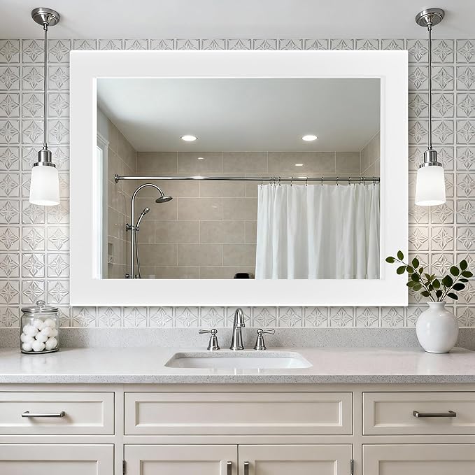 40''x30'' Rustic Wall Mirror for Bathroom White Wood Frame, Classic Rectangle Mirror Farmhouse Vanity Wall Mirror Decor Living Room, Bedroom, Entryway