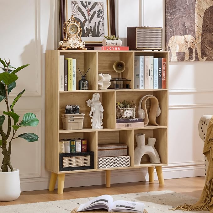 LEYAOYAO 8 Cube Bookshelf,3 Tier Bookcase with Legs,Light Wood Mid-Century Modern Bookshelves,Large Open Storage Organizer Shelf, Wooden Book Case