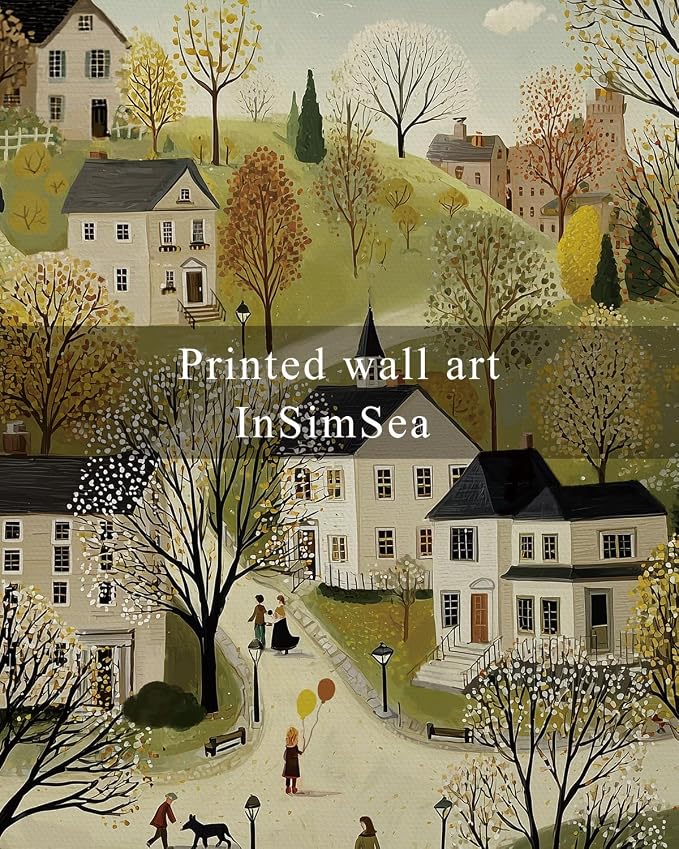 InSimSea Vintage Framed Folk Wall Art, Village Quaint Town Landscape Canvas Painting, Waterproof Moisture-Resistant Home Decor for Living Room Bedroom and Office 12x16 Inch