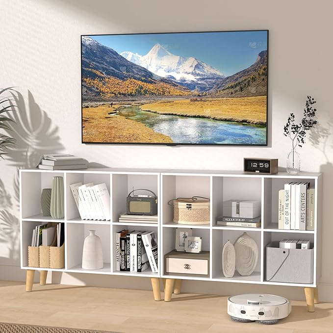 6 Cube Storage Organizer with Legs, 2 Tier Cube Low Bookcase Freestanding Storage Display Organizer for Home Office, Six-Cubes Open Shelf Bookshelf (White, 6 Cube Horizontal)