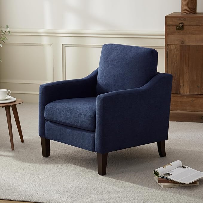 VKNOW Mid Century Modern Accent Chair, Upholstered Living Room Chairs Armchair for Bedroom, Comfy Reading Accent Chairs with Wood Legs for Living Room (2, Navy Blue)