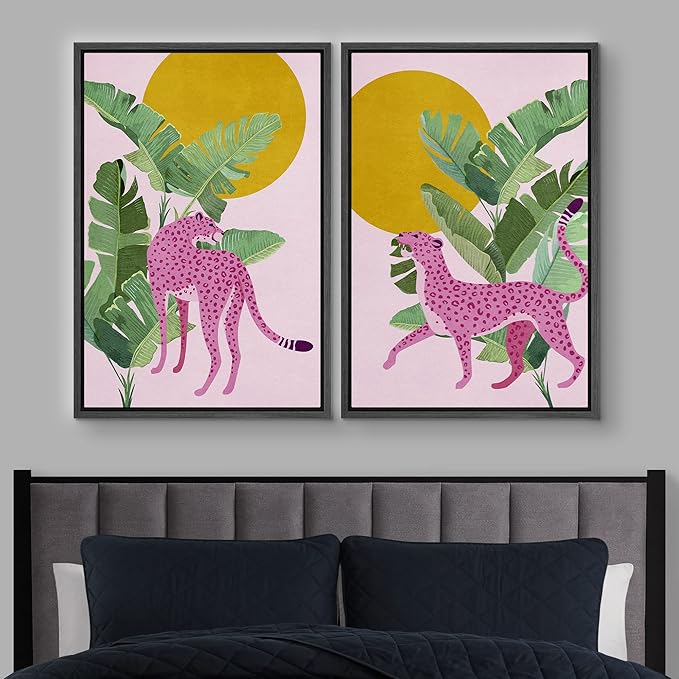 IDEA4WALL Framed Canvas Print Wall Art Set Tropical Jungle Banana Leaf Pink Cheetah Cat Nature Wilderness Digital Art Modern Art Decorative Animal for Living Room, Bedroom, Office - 24"x36"x2 Black