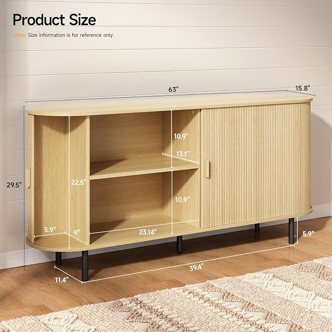 ONBRILL 63" Sideboard Buffet Cabinet with Storage, Storage Cabinet with Sliding Door & Adjustable Shelf, Modern Accent Coffee Bar Console Table for Kitchen, Entryway, Oak