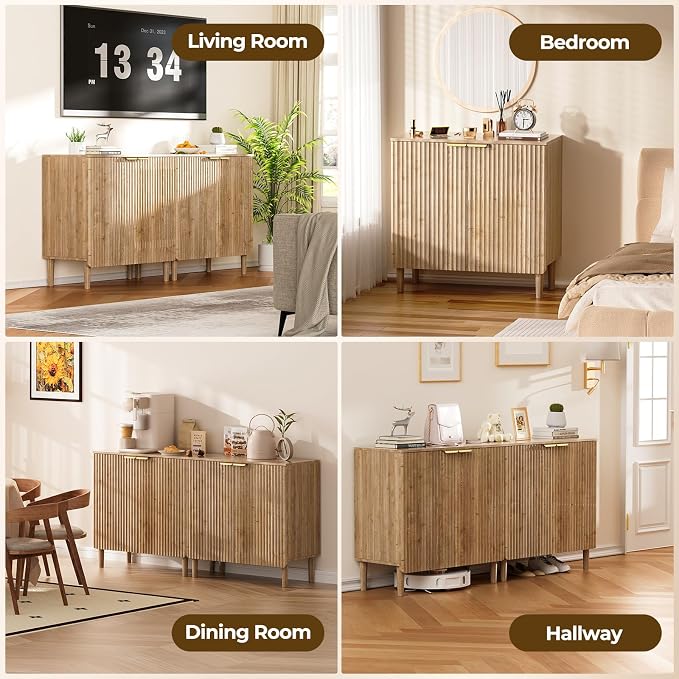 Sideboard Buffet Storage Cabinet - Wood Cabinets with Adjustable Shelves Fluted Doors, Anti-Tip Console Table for Kitchen Dining Living Room or Entryway Hallway, Easy Assembly, Natural
