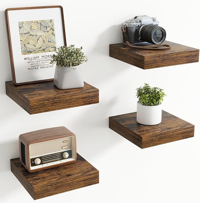 Axeman Square Floating Shelves for Wall, 8" W x 8" D x 1.4" H Rustic Wooden Wall Shelves, 4 Pack Wall Mounted Floating Shelf with Invisible Brackets for Living Room, Bathroom, Kitchen, Rustic Brown