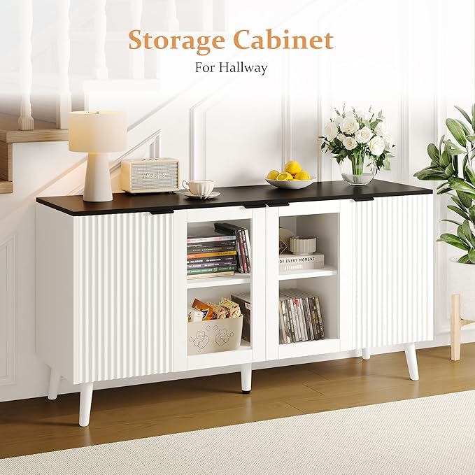 JASIWAY Buffet Cabinet with Storage 55" Fluted Sideboard with Glass Door Modern Coffee Bar Table Accent Credenza Cabinet for Dining Room, Kitchen, Living Room, Hallway, White and Black