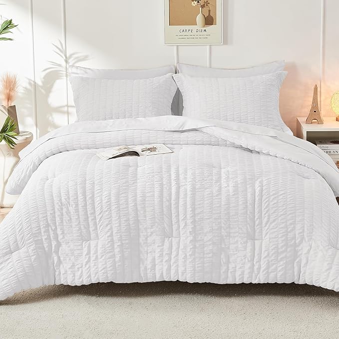 HYMOKEGE White King Size Comforter Set Seersucker 7 Pieces, All Season Luxury Bed in a Bag for Bedroom, Bedding Set with Comforters, Sheets, Pillowcases & Shams