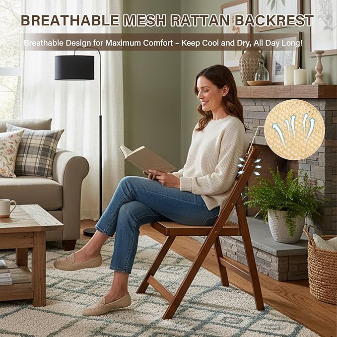 Furlide Rattan Folding Chair, Modern Mid Century Dining Chairs Set of 1, Comfy Outdoor Bamboo Chairs for Bedroom Living Room Reading Room Dining Kitchen, Walnut