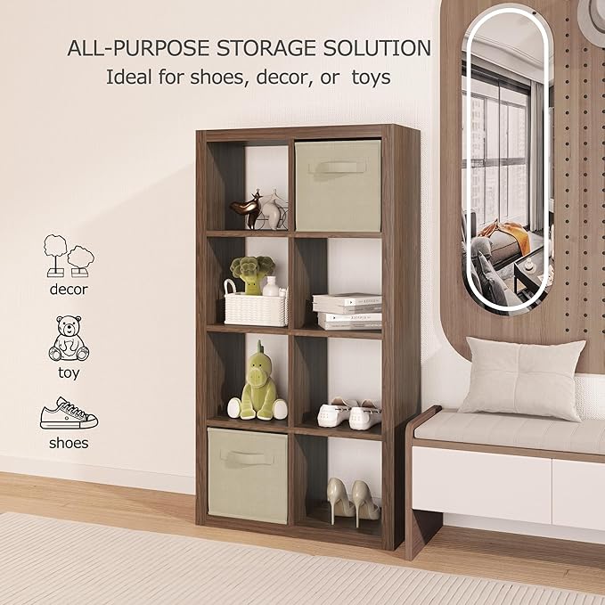 Bookshelf Cube Storage Organizer, 8-Cube Shelf Bookcase with Storage Bin, Modern Wood Open Shelf for Living Room, Bedroom, Home Office, Classic Oak