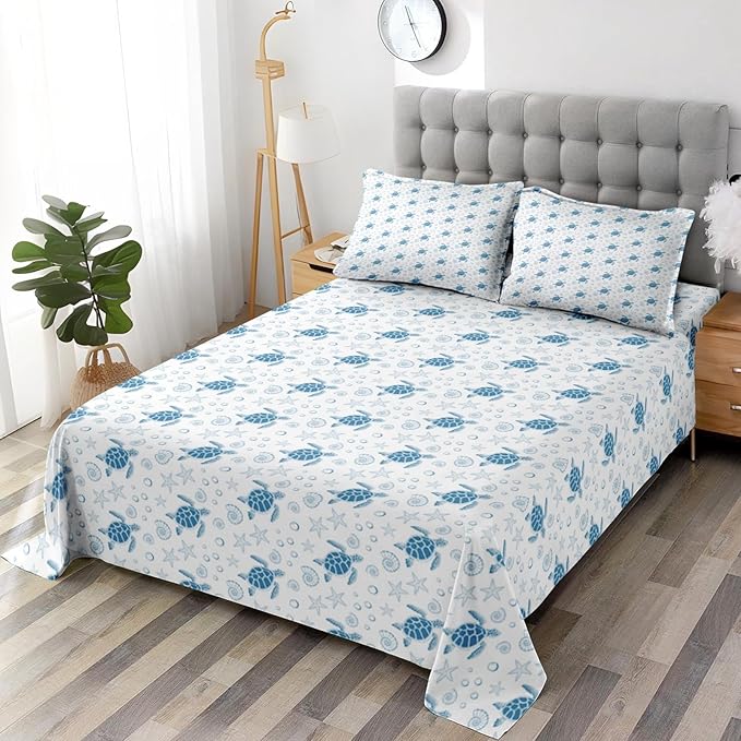Pamnest Queen Size Bed Sheet Sets, Sea Turtle Ocean Soft Microfiber 4 Pcs Bedding Sets for Kids and Adults Bedroom Bed Decor, Animal Starfish Beach Flat, Fitted Sheet and 2 Pillowcases