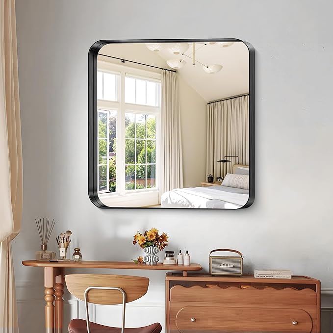 CIRCUMI Black Bathroom Mirror, 30"x30" Rectangular Mirror with Deep Metal Frame, Rounded Corner, Tempered Glass, Square Mirror for Wall, Oversink, Bedroom, Living Room, Vanity, Entryway, Crystal-Clear
