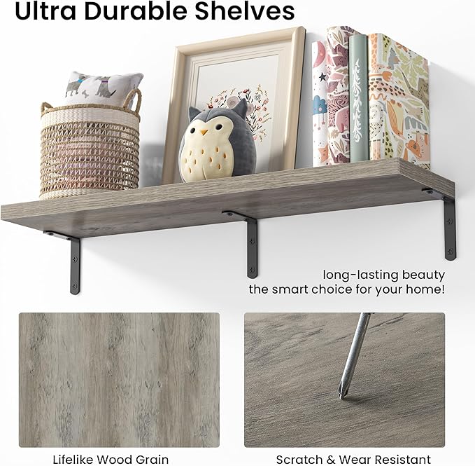 Marsmiles Extra Wide Floating Shelves for Wall, 36x8 Inch Natural Wood Grain Bookshelves, Heavy Duty Mounted Shelving for Bathroom, Kitchen, Living Room, Bedroom,Set of 2，Grey