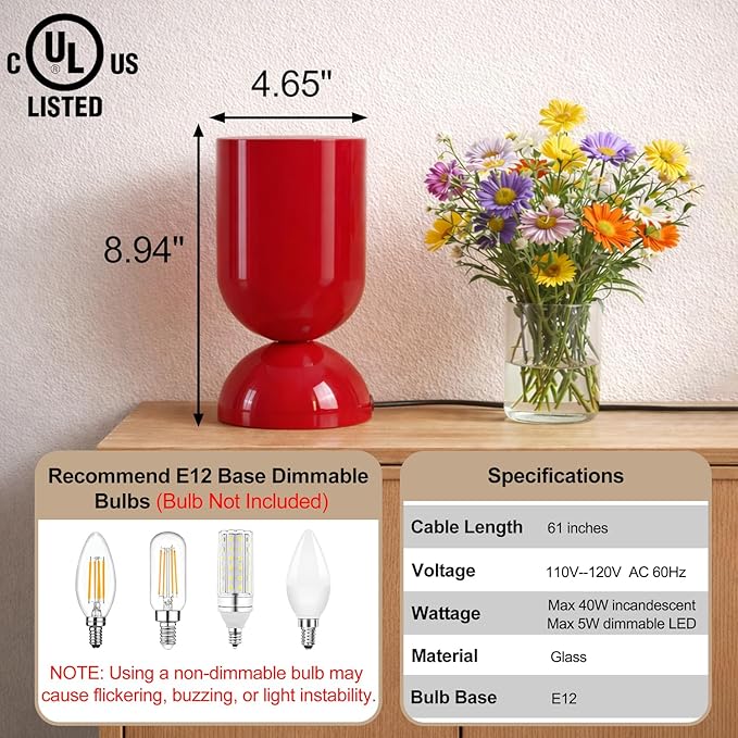 8.9'' Modern Glass Table Lamp, Dimmable Bedside & Desk Lamp for Living Room and Bedroom, UL Listed Nightstand Lamp with Dome Base, Home Decor for Office, Dorm, Side Table, Glossy Red