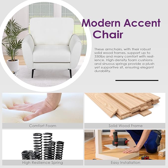 TYBOATLE Accent Chairs Set of 2, Comfy Modern Living Room Chair White Faux Leather Reading Accent Chairs Tufted Mid Century Arm Chair Small Salon Chairs for Office Bedroom (2, White)