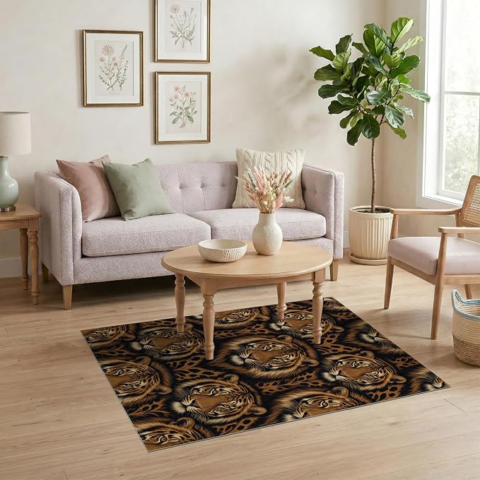 4'x6' Washable Modern Tiger Print Area Rug, Orange Flatwoven Floor Mat for Home Office, Gaming Room, Under Desk, Non-Slip Chair-Friendly Carpet | Ref:2229845