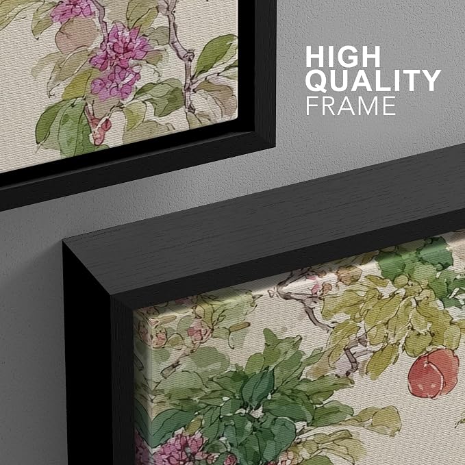 wall26 Framed Print Wall Art Set Watercolor Fruit Tree Branch with Birds Botanical Decorative Minimal Relax/Zen for Living Room, Bedroom, Office - 16"x24"x3 BLACK