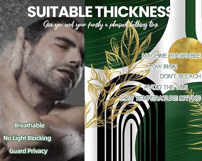 Olive Green and Gold Shower Curtain Boho Mid Century Modern Hunter Green Shower Curtains for Bathroom Decor Sets, Waterproof Cloth Fabric with Hooks 48x72in