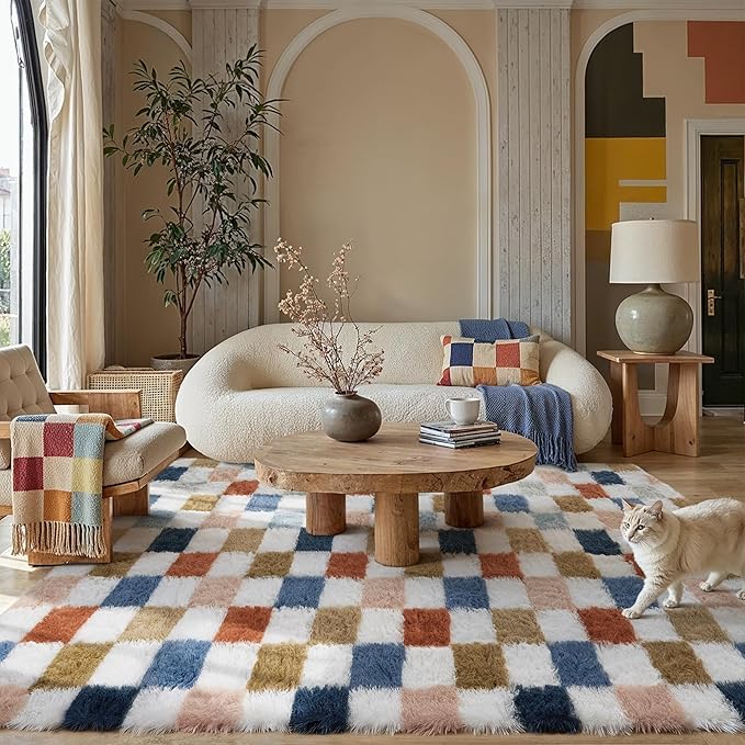 Checkered Rug 8x10 for Living Room, Modern Rainbow Shag Rug Washable Non-Slip Large Area Rug Super Soft Indoor Fuzzy Carpet Fluffy Rugs for Bedroom Home Aesthetic Decor