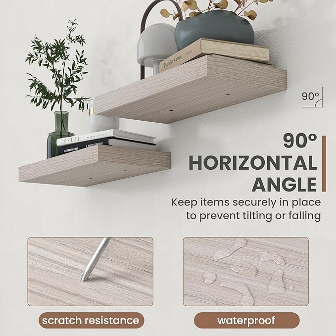 48 Inch Floating Shelves, 8 Inch Deep Floating Shelves for Wall, Hanging Shelf with Invisible Brackets, Deep Shelves for Bathroom, Bedroom, Living Room, Grey, Set of 2
