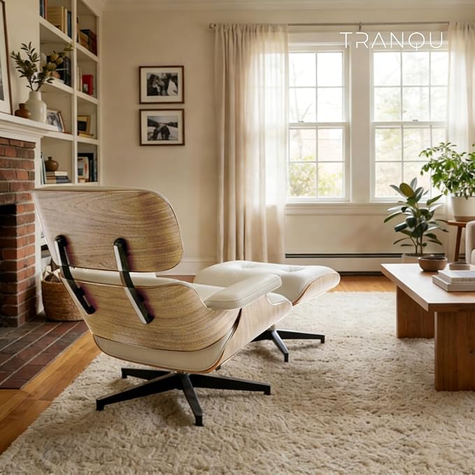 Mid-Century Genuine Top Grain Leather Chaise Lounge Chair & Ottoman, Solid Oak Wood Base, Classic Modern Armchair for Living Room