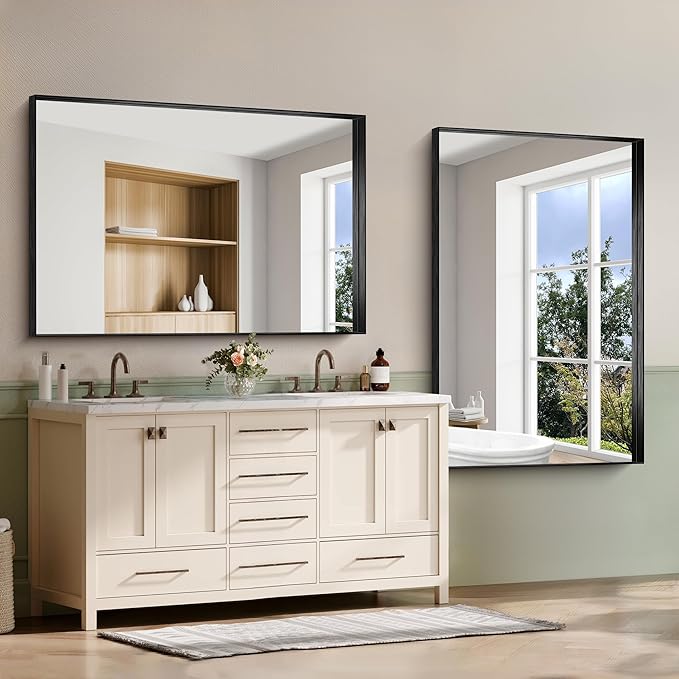 CIRCUMI Black Bathroom Mirror, 36"x55" Rectangular Mirror with Deep Metal Frame, Brushed Finish, Tempered Glass, Large Mirror for Wall, Over 2 Sinks, Installed Vertically/Horizontally, Crystal-Clear