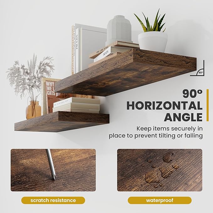 36 Inch Floating Shelves, 9.3" Deep Floating Shelf Wall Mounted, 36" Wall Shelves, Rustic Deep Bookshelf, Large Display Shelves & Storage Shelves for Bedroom, Living Room, Brown, Set of 2