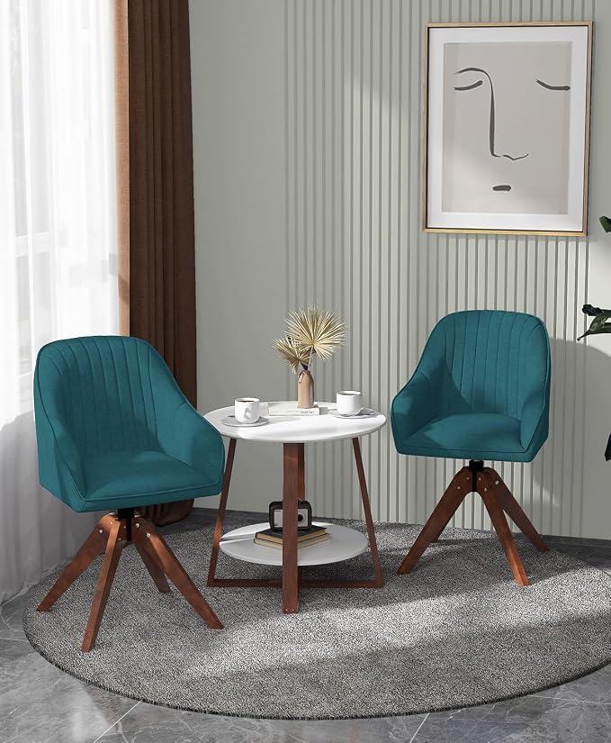 OS MOTOR Modern Swivel Accent Chair with Arms, Upholstered Desk Chair No Wheels, Mid-Century Fabric Armchair with Oak Wood Legs for Home Office, Bedroom, Vanity, Sky Blue