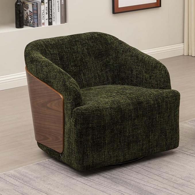 Swivel Accent Chair Linen Swivel Barrel Chair Comfortable Mid Century Modern Chair Upholstered Metal Base Armchair for Living Room Bedroom Office Large Vintage Green