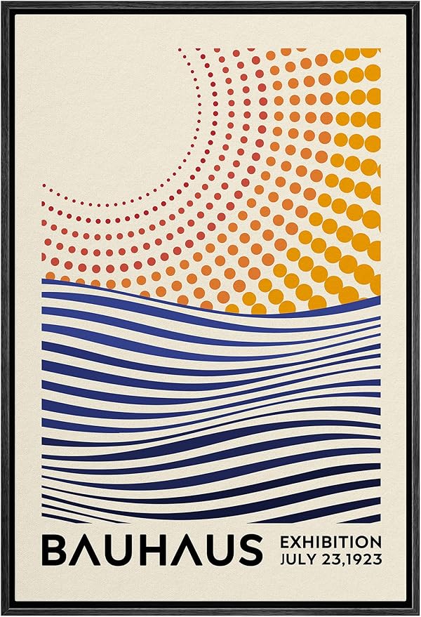 MUDECOR Framed Canvas Print Wall Art Mid-Century Bauhaus Geometric Sun & Ocean Shapes Abstract Illustrations Modern Art Minimal Multicolor Relax/Calm for Living Room, Bedroom, Office - 16"x24" Black