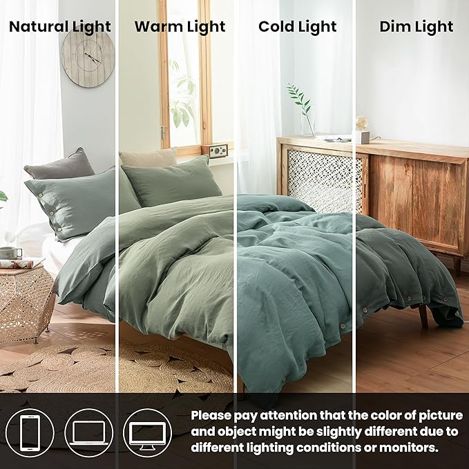 Simple&Opulence 100% Linen Duvet Cover Set 3pcs with Coconut Button Closure Natural French Washed Flax Solid Color Soft Breathable Farmhouse Bedding - Cushing Green, Full Size